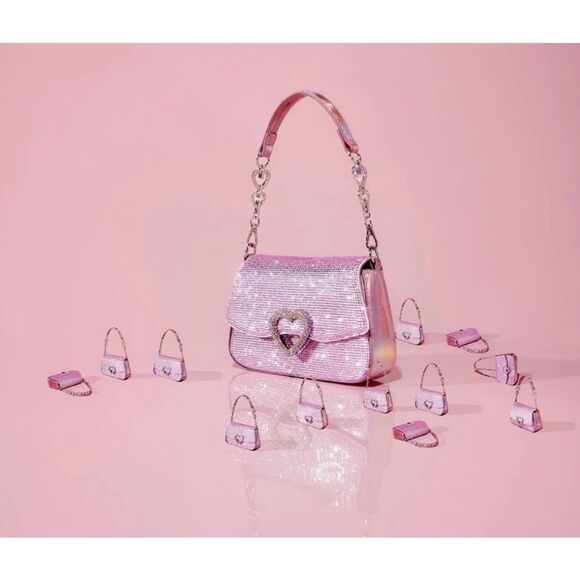 NEW~Aldo Barbie Pink Glitter Rhinestone Heart Accent Handbag Purse - Picture 10 of 11
